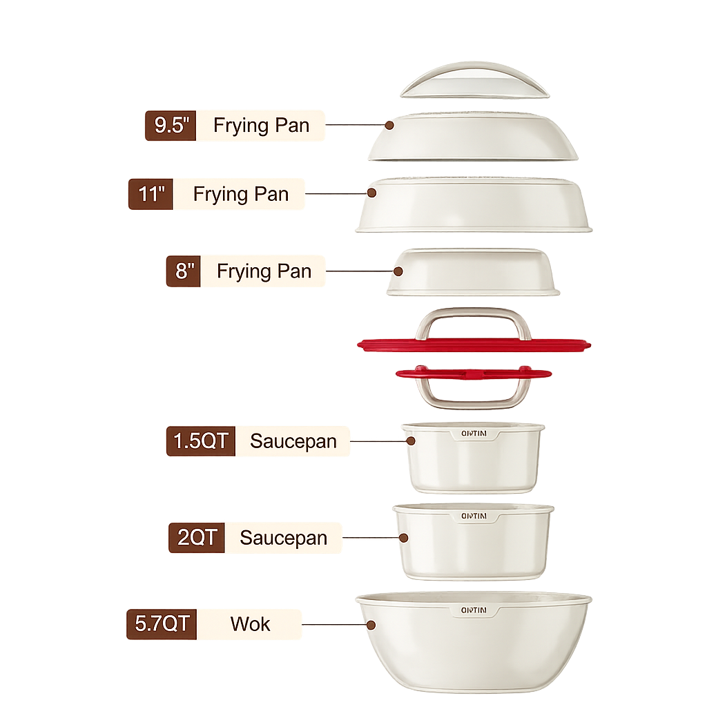 OMTM 19pcs Stackable Planet – White Nonstick Cookware Set